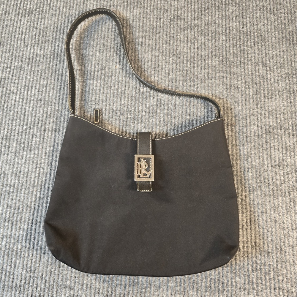Vintage‎ 90s Lauren Ralph Lauren Nylon Shoulder Bag Leather Strap Black